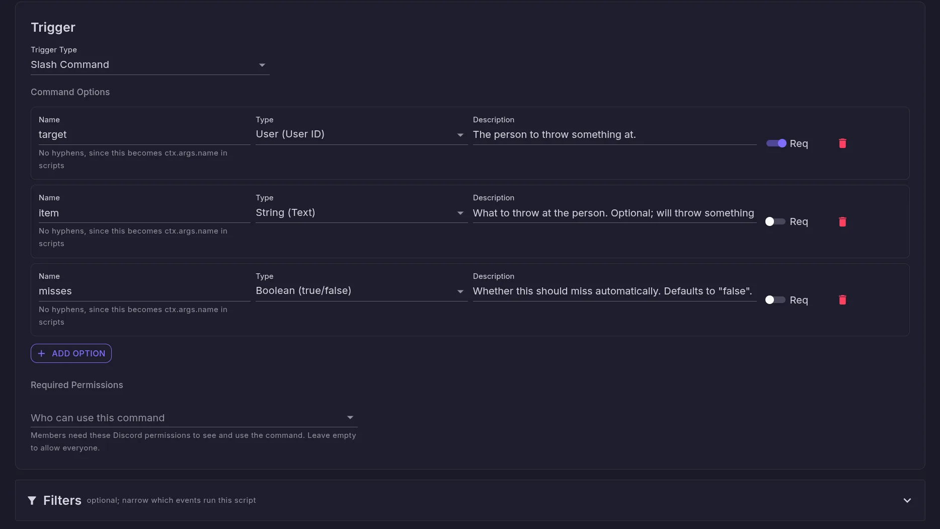 The trigger editor for a slash command, showing three typed command options with their required flags and a required-permissions selector.